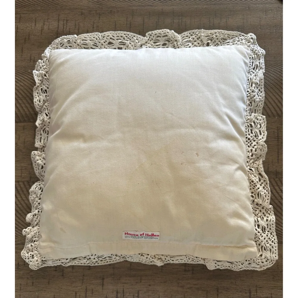 Vintage House of Hatten Applique Pillow Folk Art Victorian Couple Lace 13x13